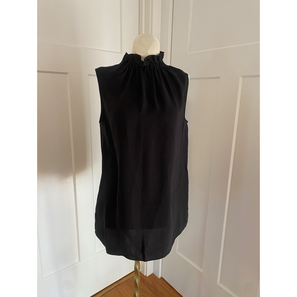 Lafayette 148 Ruffle Neck Sleeveless Silk Blouse Black Small